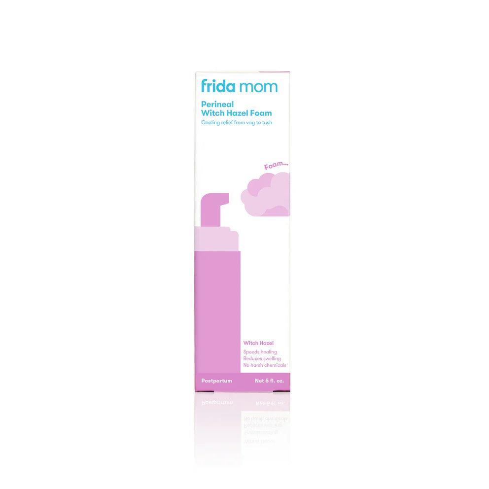 Frida Mom Perineal Foam in a white bottle with a pump, designed for postpartum comfort and soothing perineal care.